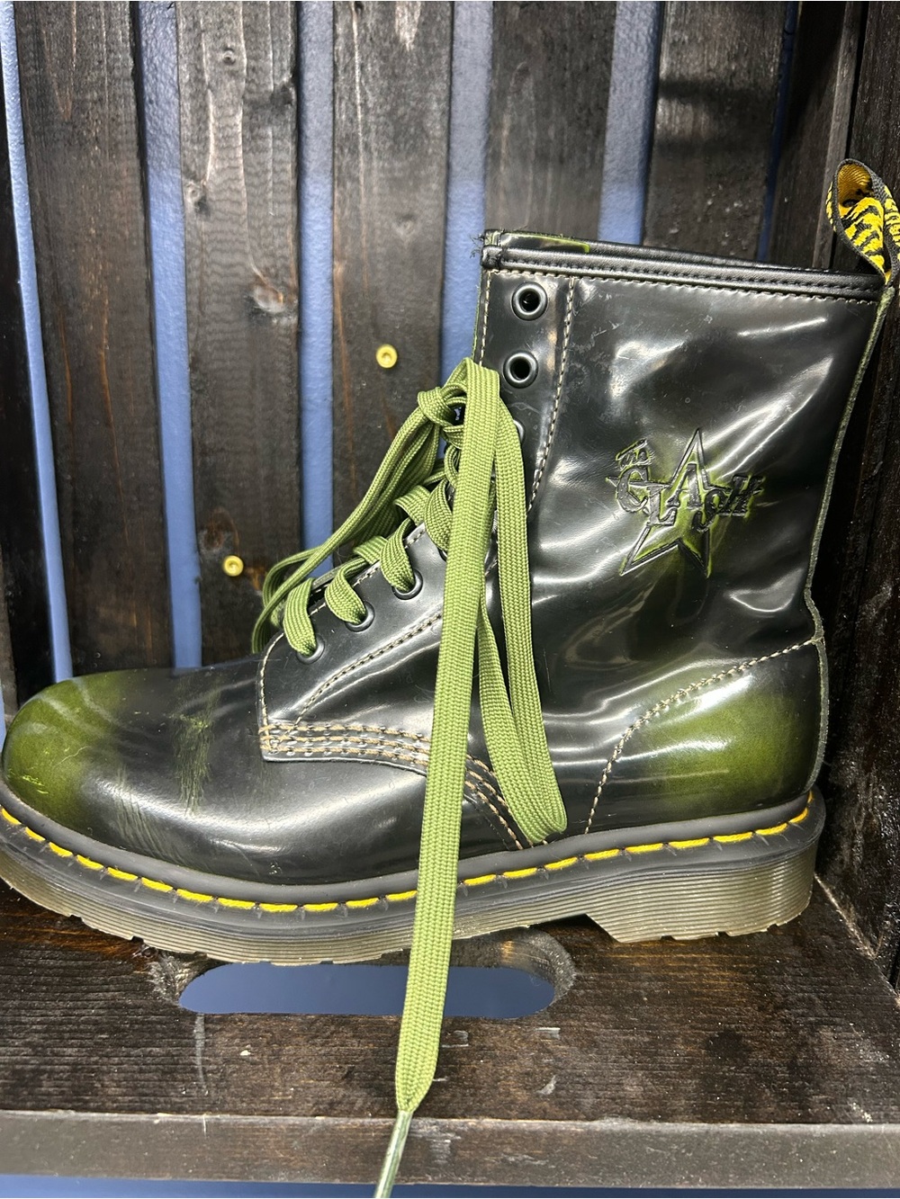 Dr. Martens Olive Green Patent Combat Boots with Yellow Stitching